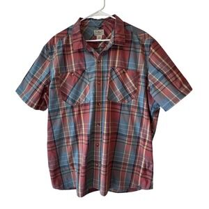 LL Bean Mens XXL Short Sleeve Plaid Button Down Shirt Pink Blue